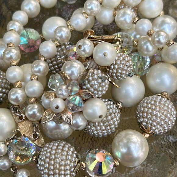 Vendome Vintage Faux Pearl & AB Crystal Necklace and Matching Cluster Clip Ons - Picture 9 of 16